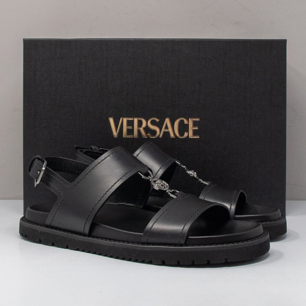 Versace Medusa Black Calf Leather Fisherman Cage Sandals, Men's 43 (10 US)